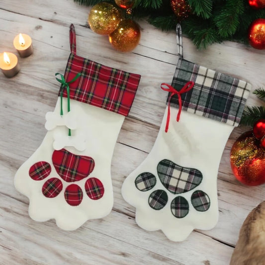 18 Inch Dog Christmas Stockings Pet Cat Paw Stockings Fireplace Hanging Stockings Xmas Tree Hanging Decoration(Simple Style,Linen,Cotton)