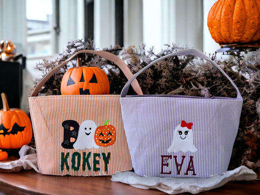 Kids Halloween Basket,Seersucker Basket, Embroidered Halloween Bucket, Trick or Treat Basket, Halloween Bag Ghost Basket