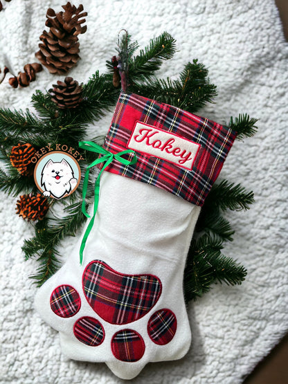 18 Inch Dog Christmas Stockings Pet Cat Paw Stockings Fireplace Hanging Stockings Xmas Tree Hanging Decoration(Simple Style,Linen,Cotton)