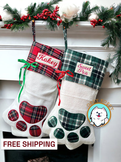 18 Inch Dog Christmas Stockings Pet Cat Paw Stockings Fireplace Hanging Stockings Xmas Tree Hanging Decoration(Simple Style,Linen,Cotton)